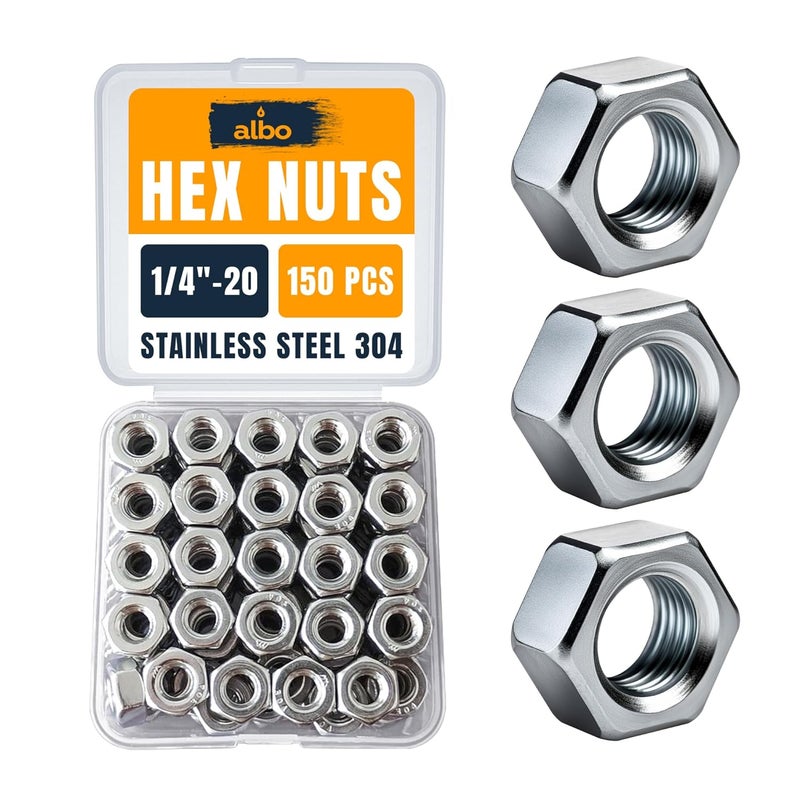 ALBO 150 PCS 1/4-20 Hex Nuts – Stainless Steel 304 SAE Nuts Set in Reusable Box – Hardware for Automotive & DIY – 1/4 20 Nuts - Image 1